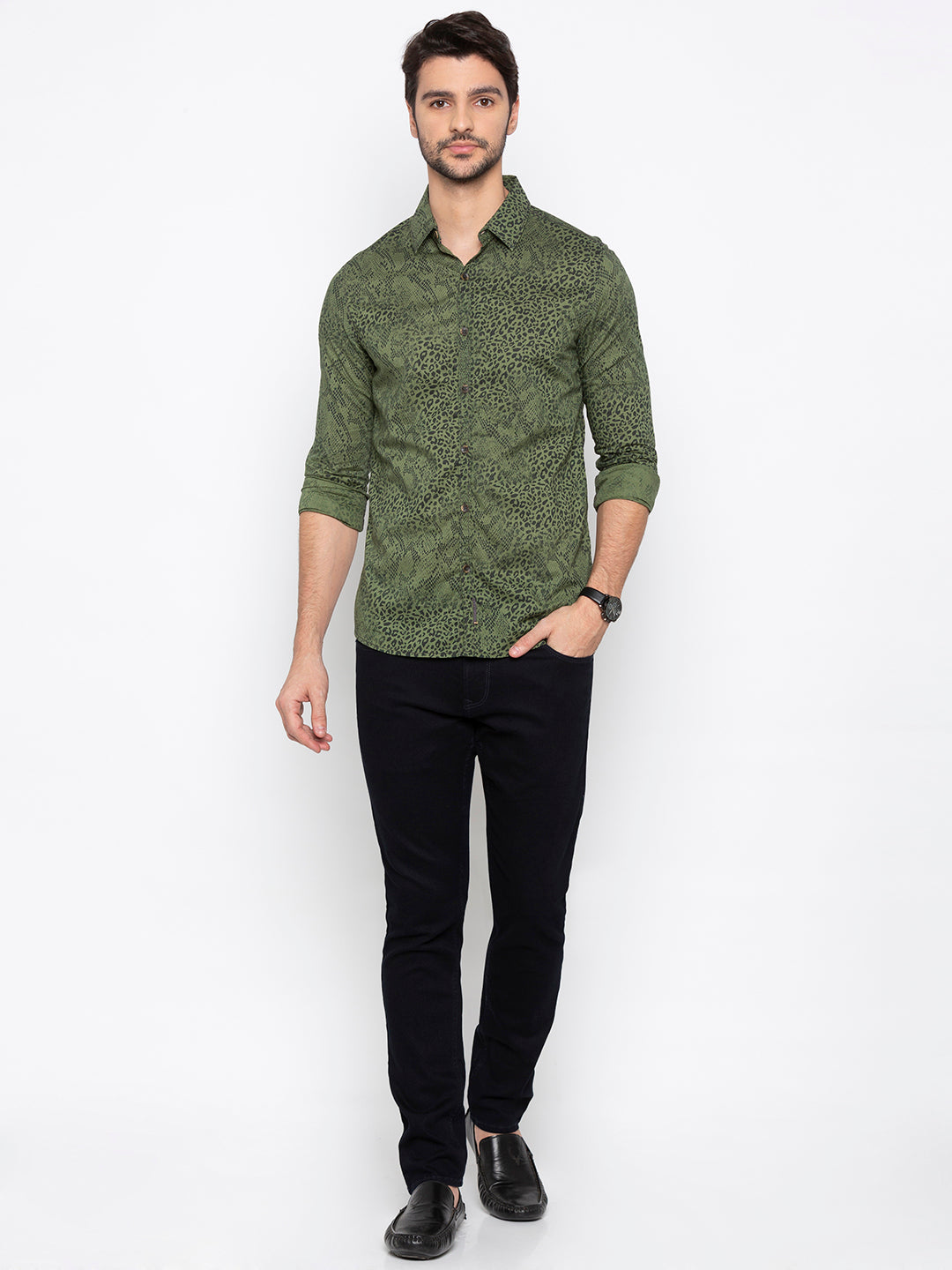 Spykar Men Olive Printed Slim Fit Casual Shirt