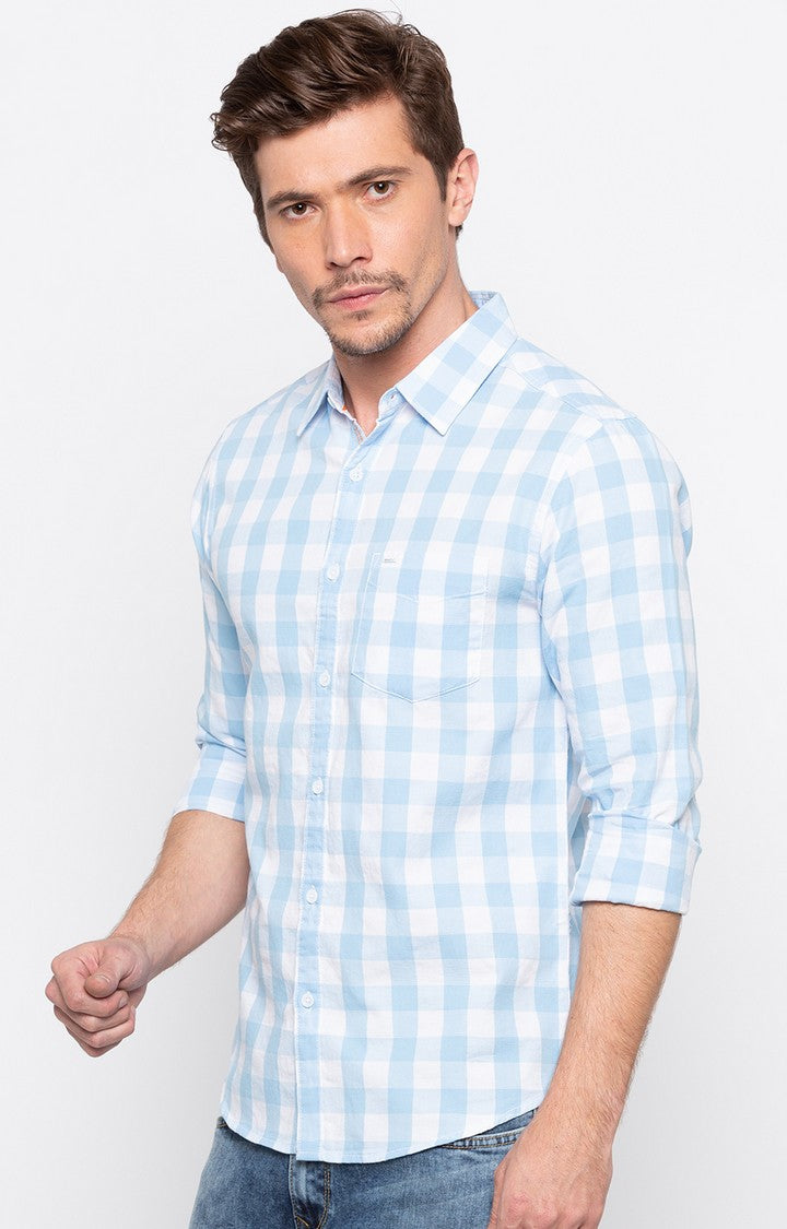 Spykar Men'S Blue Cotton Checked Casual Shirts