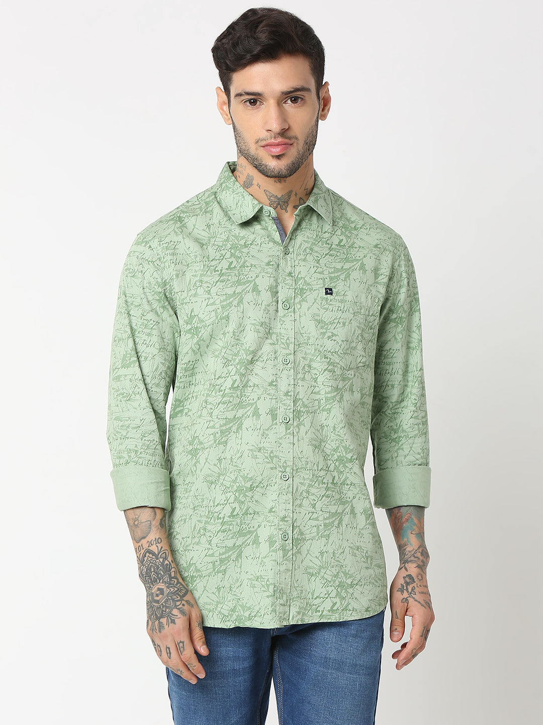 Spykar Men Olive Cotton Slim Fit Printed Shirts