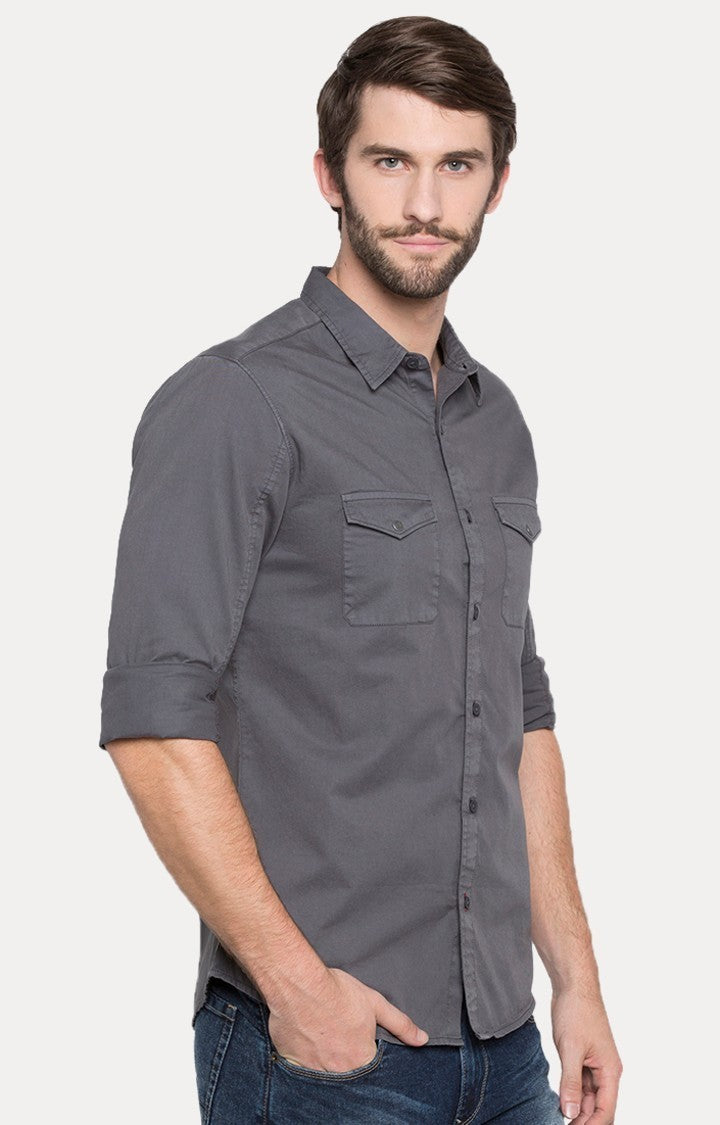 Spykar Men'S Grey Cotton Solid Casual Shirts