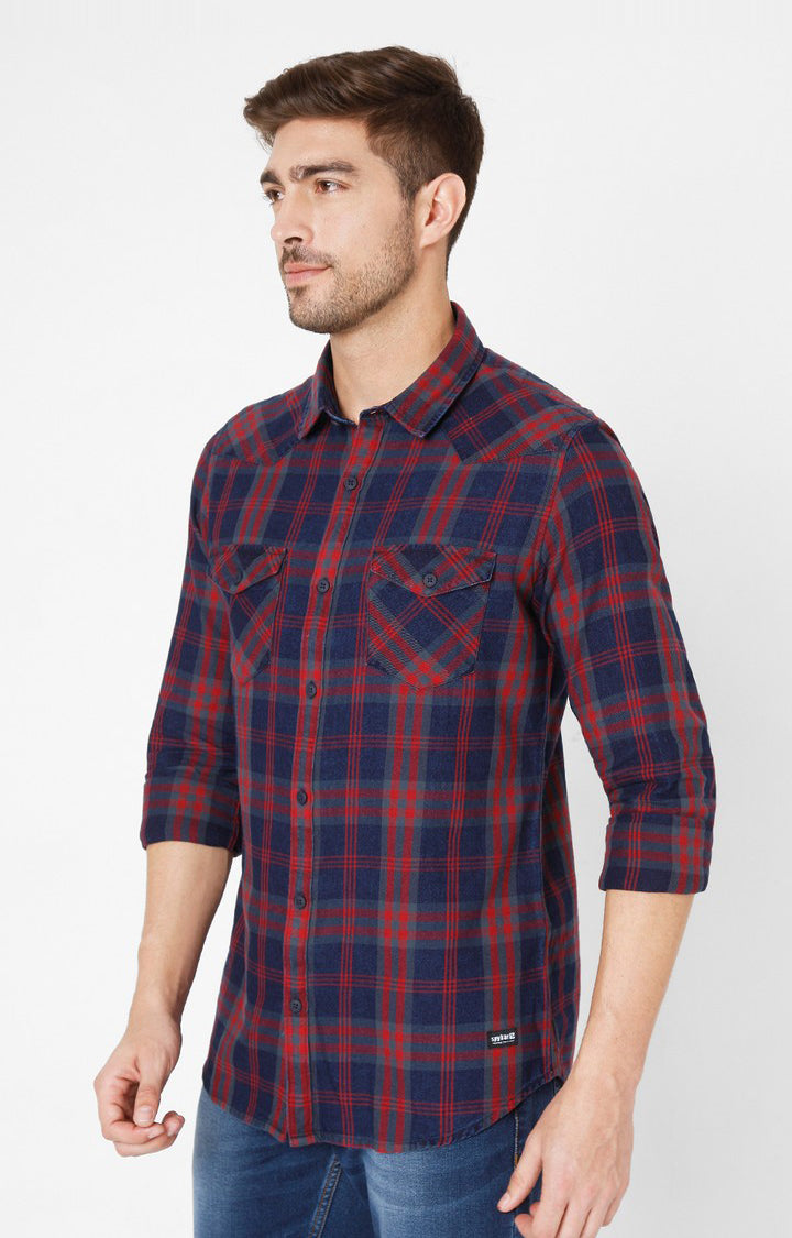 Spykar Red Cotton Slim Fit Shirts For Men