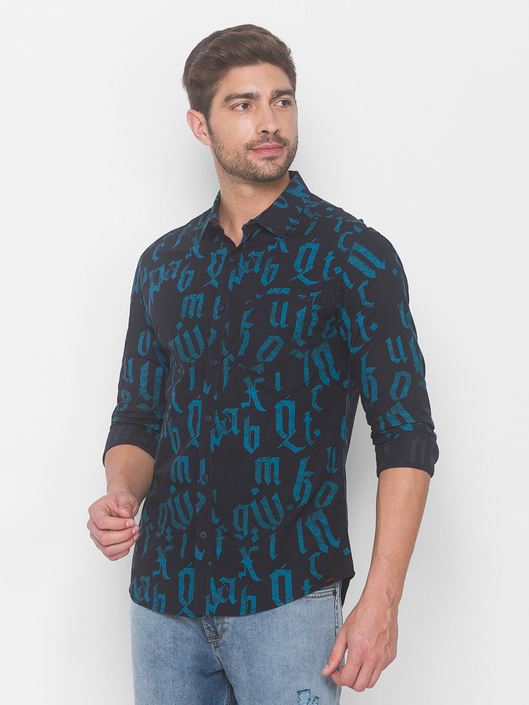 Spykar Men Navy Blue Cotton Slim Fit Shirt