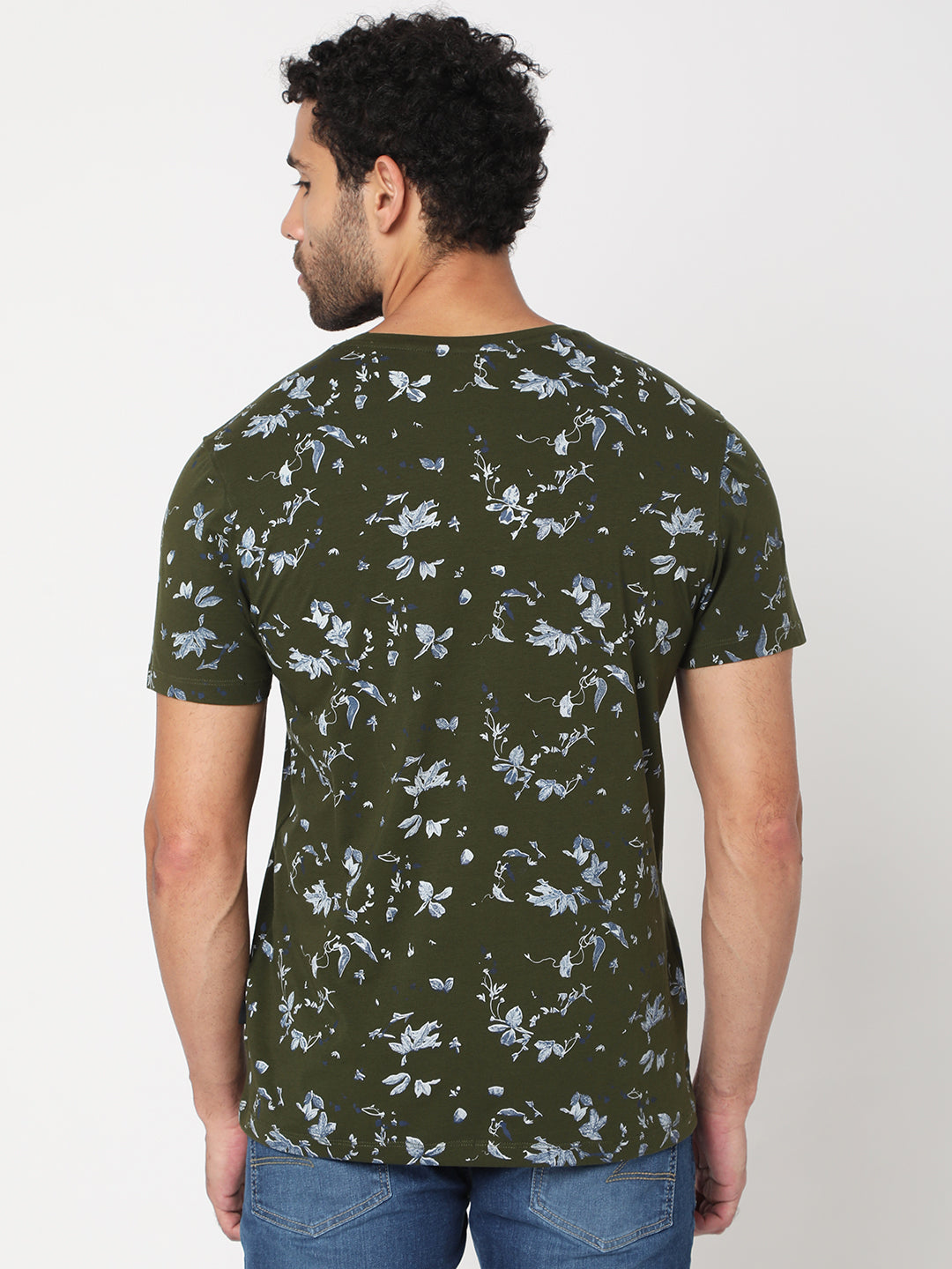 Spykar Men Olive Green Cotton Half Sleeve Floral T-Shirt