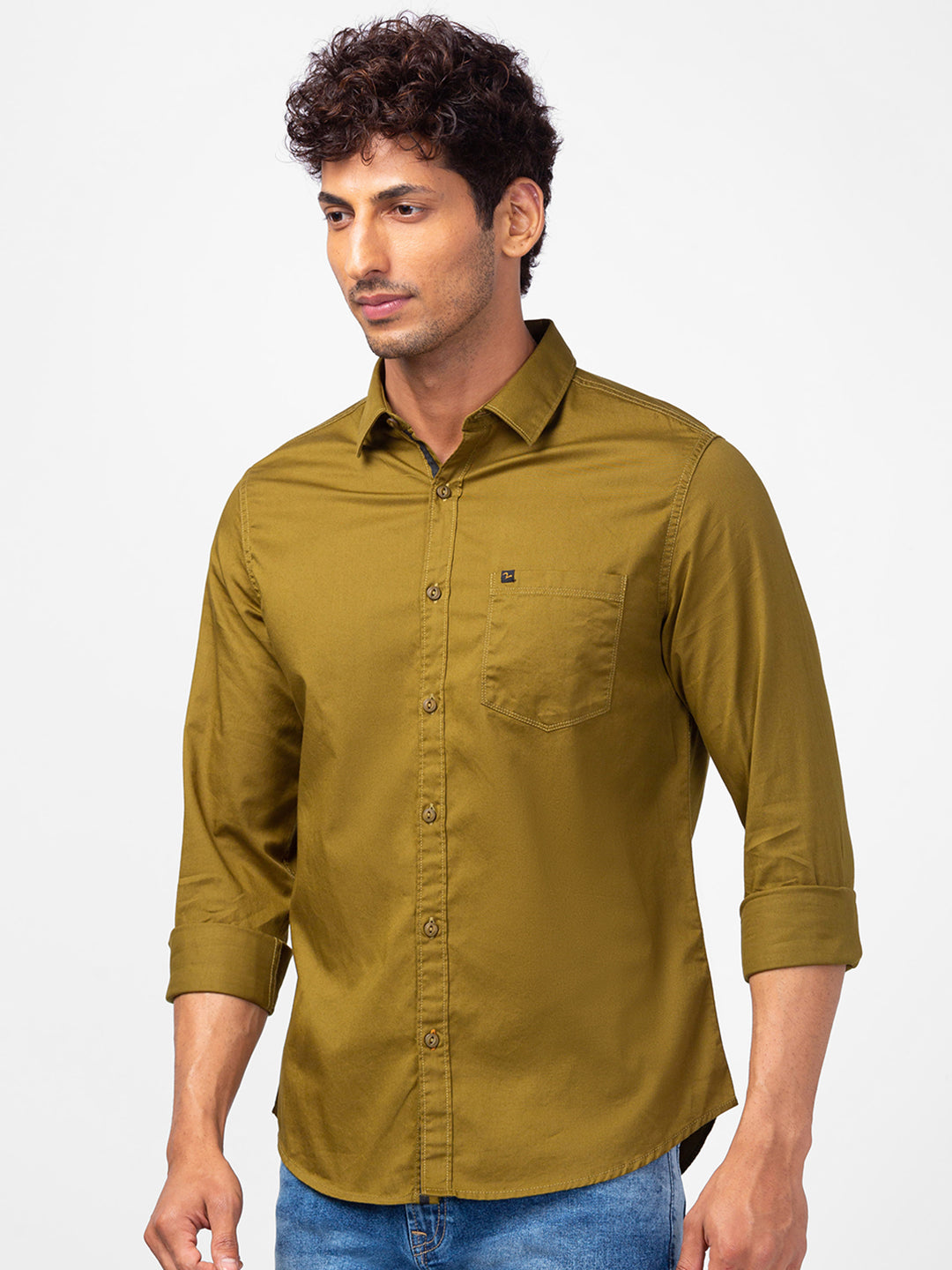 Spykar Men Military Green Cotton Slim Fit Plain Shirts