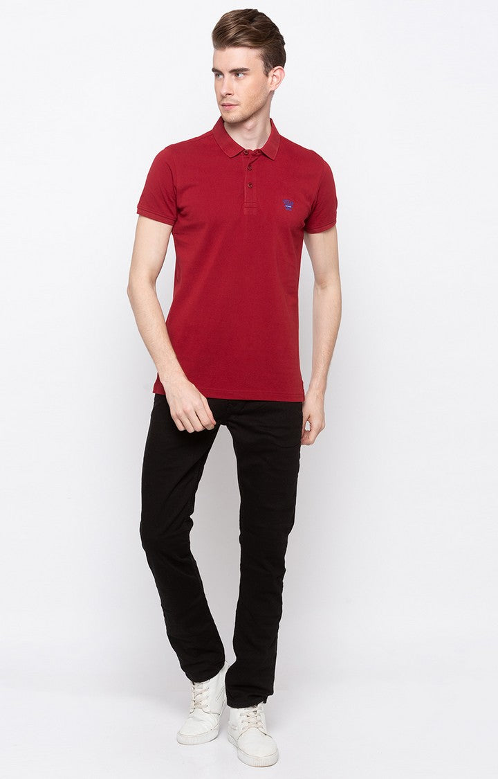 Spykar Red Solid Slim Fit Polo T-Shirt