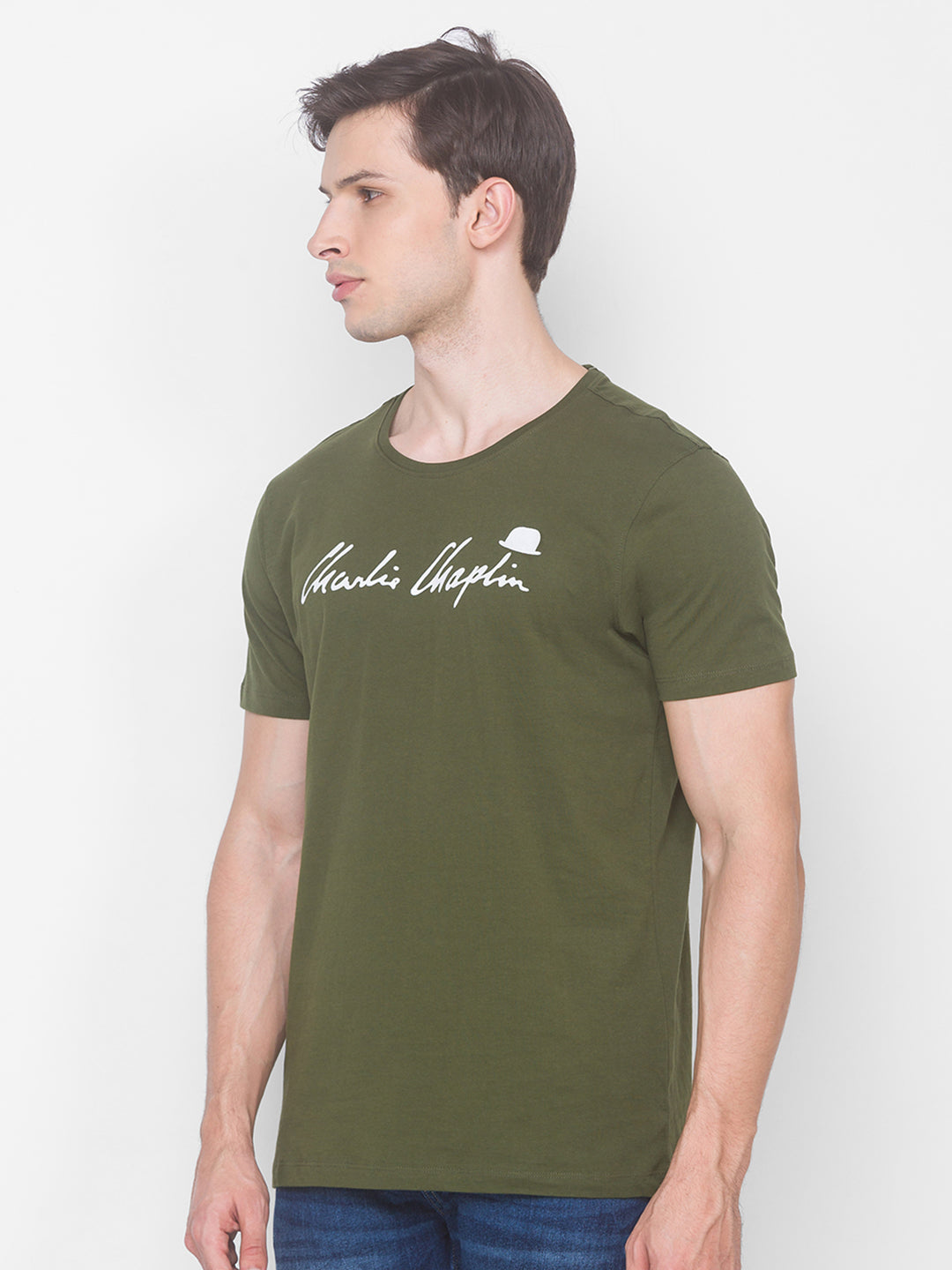 Charlie Chaplin Spykar Men Green Cotton Slim Fit Round Neck T-Shirt