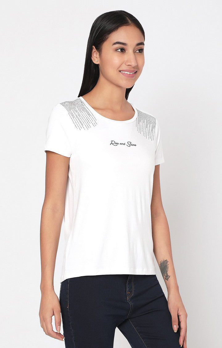 Spykar Women White Cotton Regular Round Neck T-Shirts