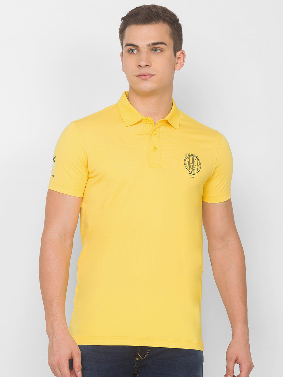 Spykar Men Yellow Cotton Slim Fit Round Neck T-Shirt