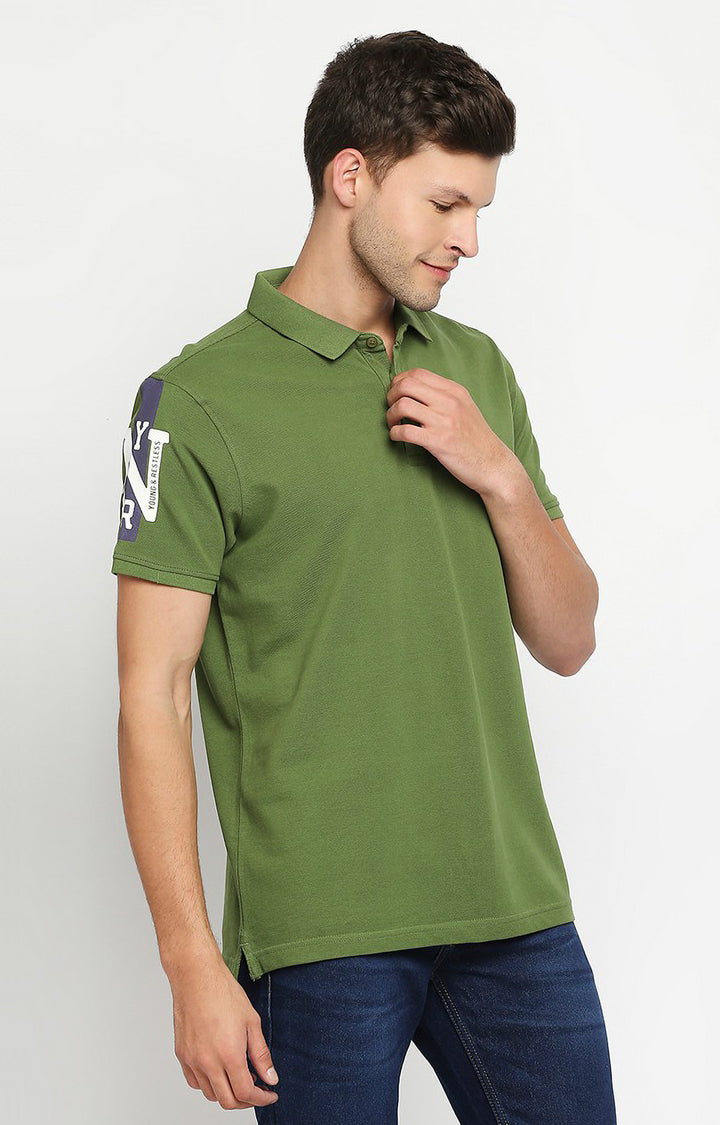 Spykar Men Green Cotton Slim Fit Round Neck Polo T-Shirt