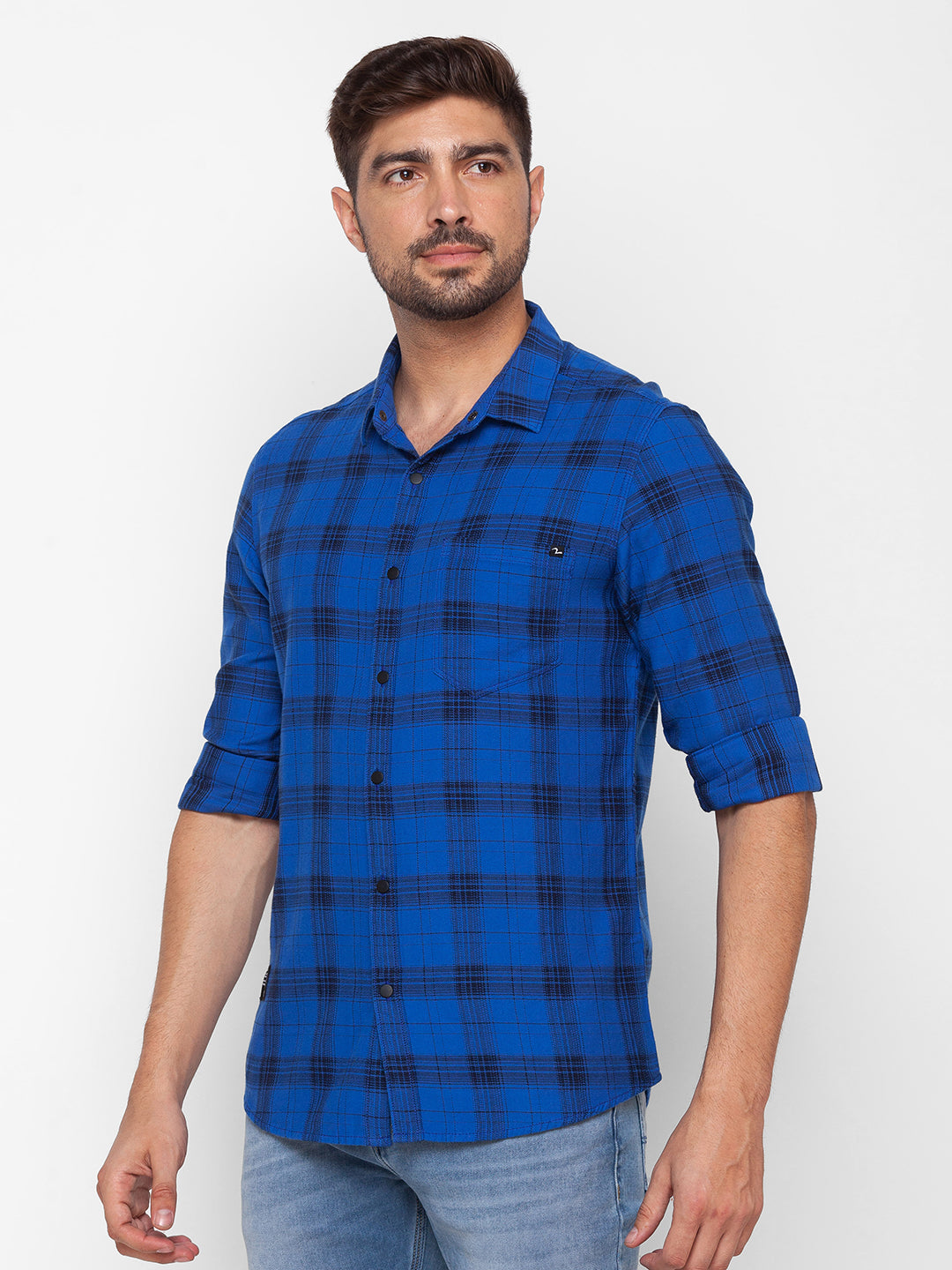 Spykar True Blue Cotton Full Sleeve Checks Shirt For Men