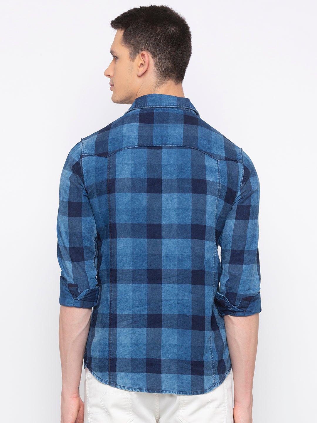 Spykar Men Indigo Cotton Checks Slim Fit Shirt