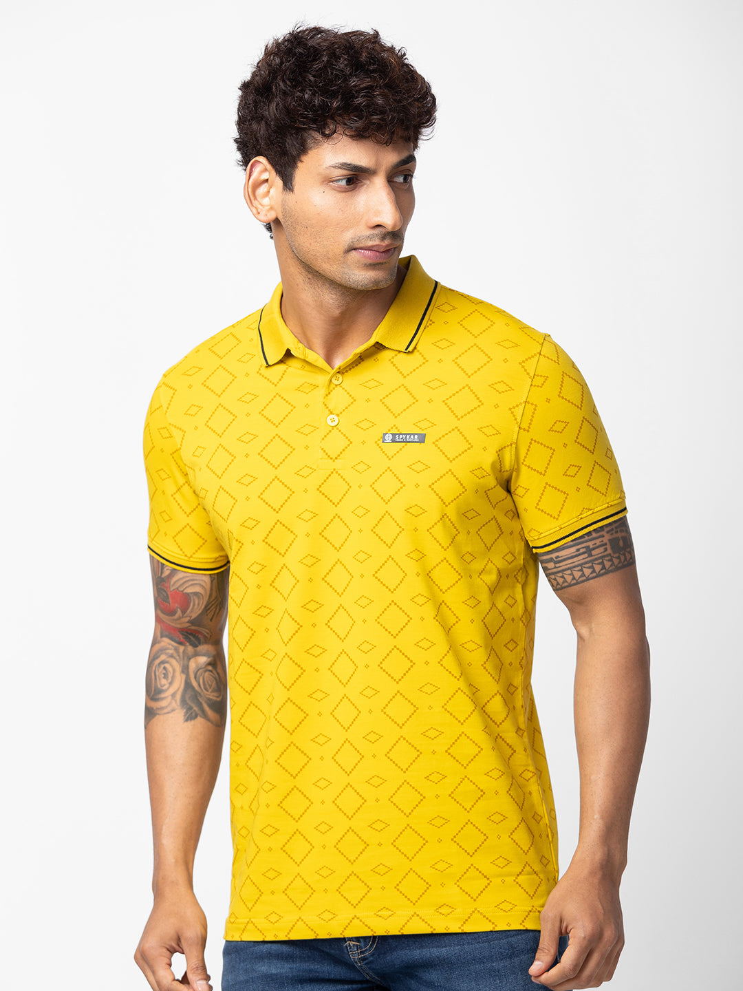 Spykar Men Sulphur Yellow Cotton Regular Fit Half Sleeve Printed Polo T-Shirt