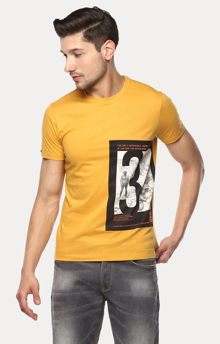 Spykar Yellow Printed Slim Fit Men T-Shirts