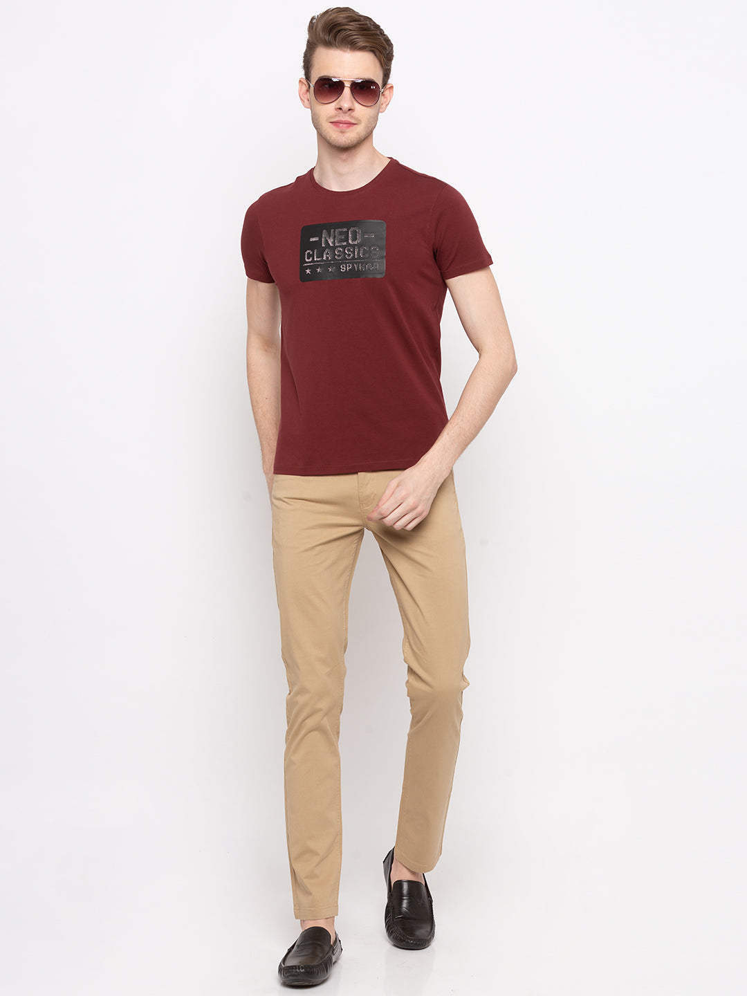 Spykar Red Cotton Slim Fit T-Shirt For Men