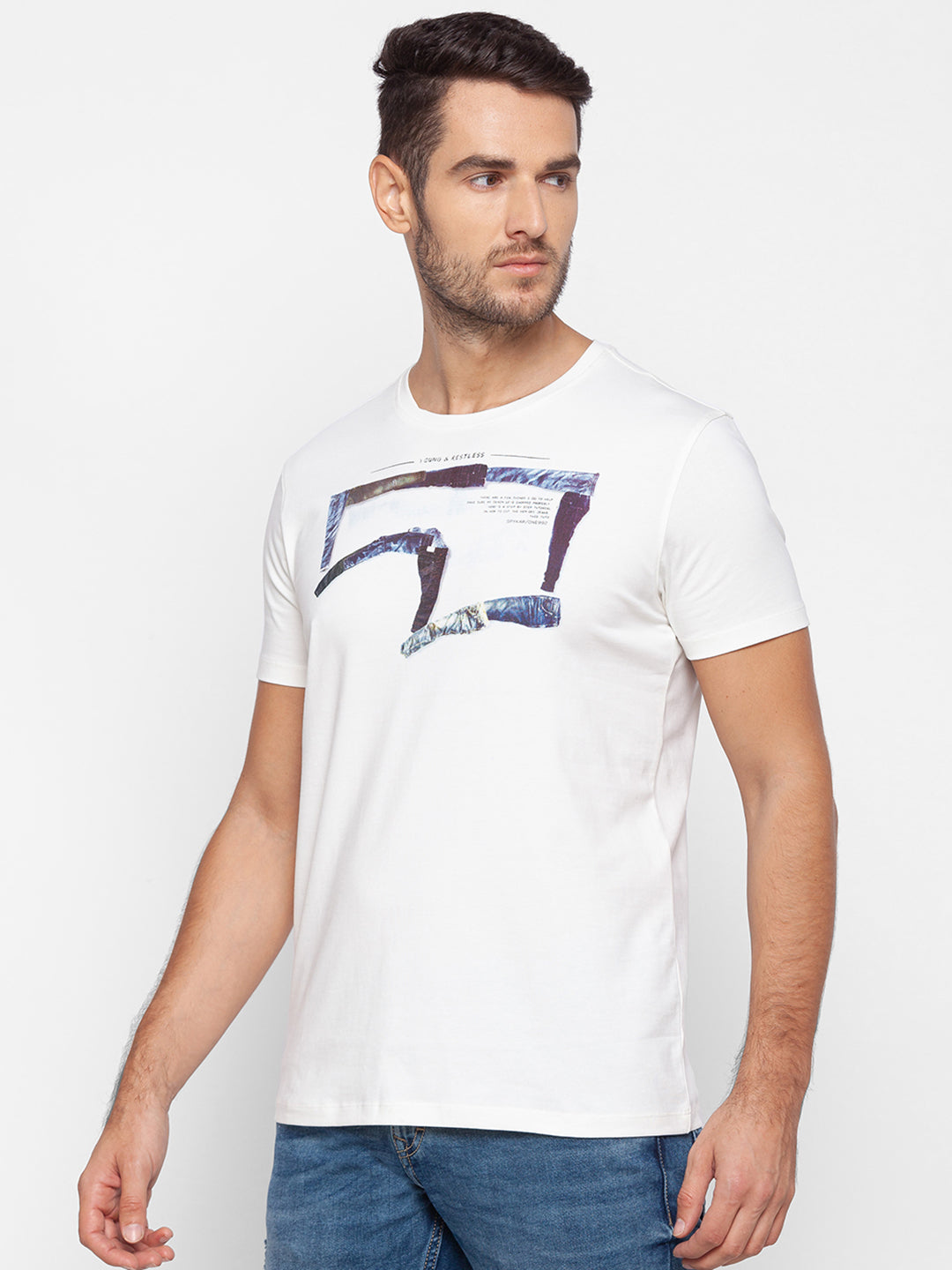 Spykar Men White Cotton Slim Fit Round Neck T-Shirt