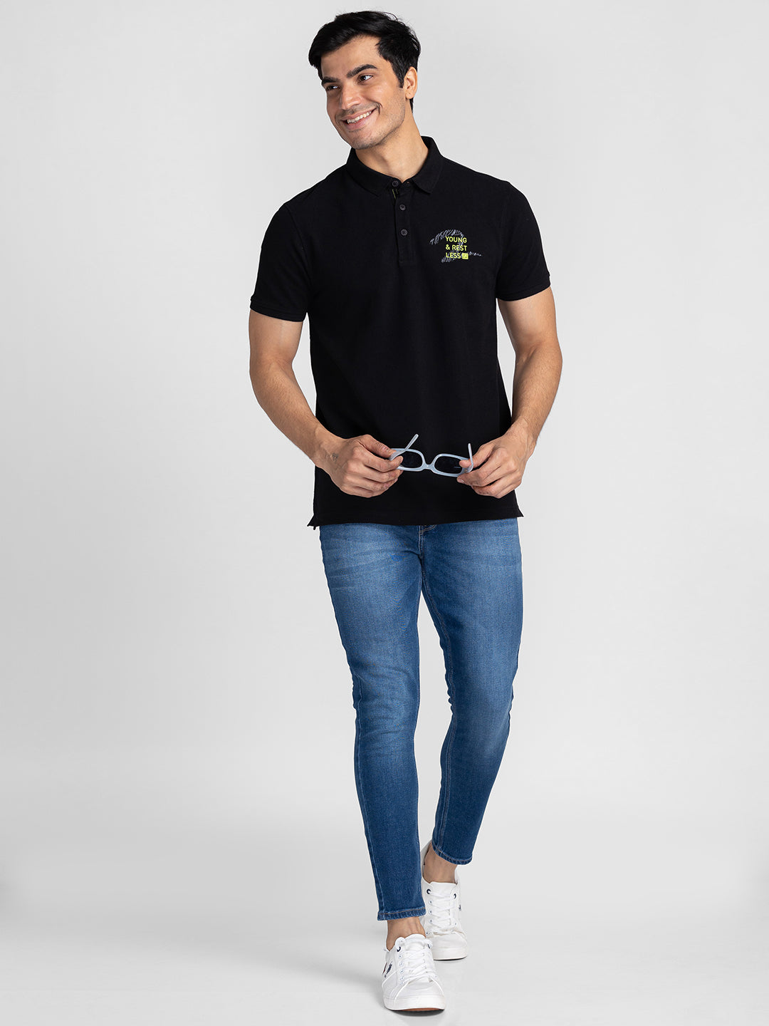 Spykar Men Black Cotton Slim Fit Polo Plain T-Shirt