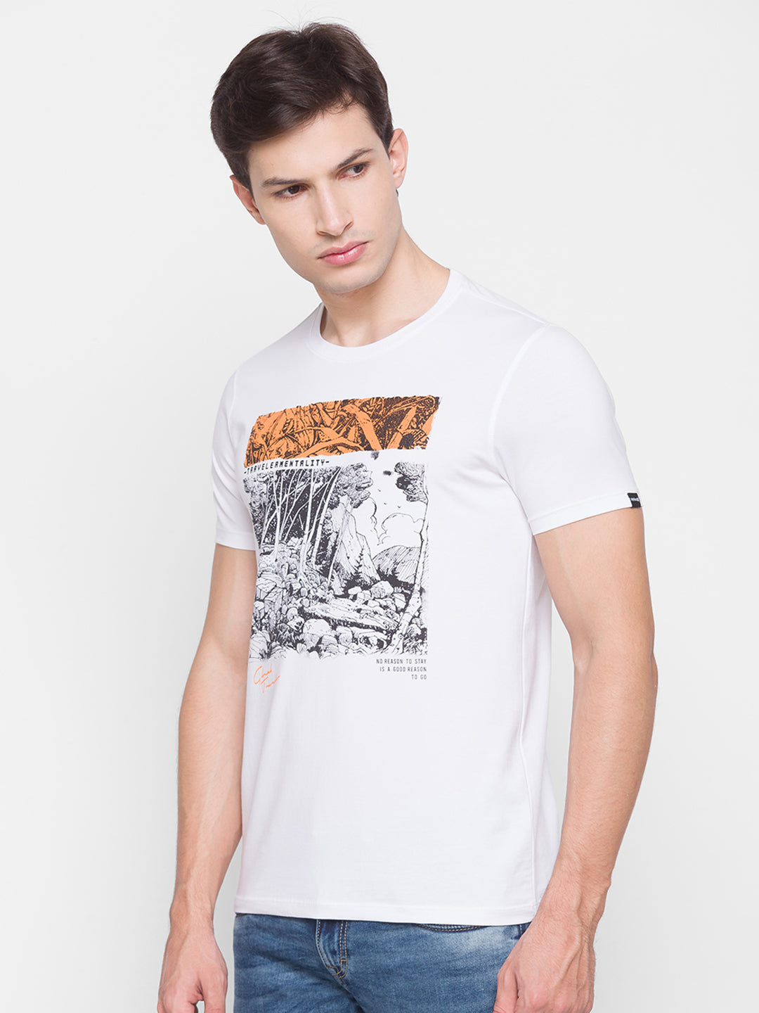 Spykar Men White Cotton Slim Fit Round Neck T-Shirt