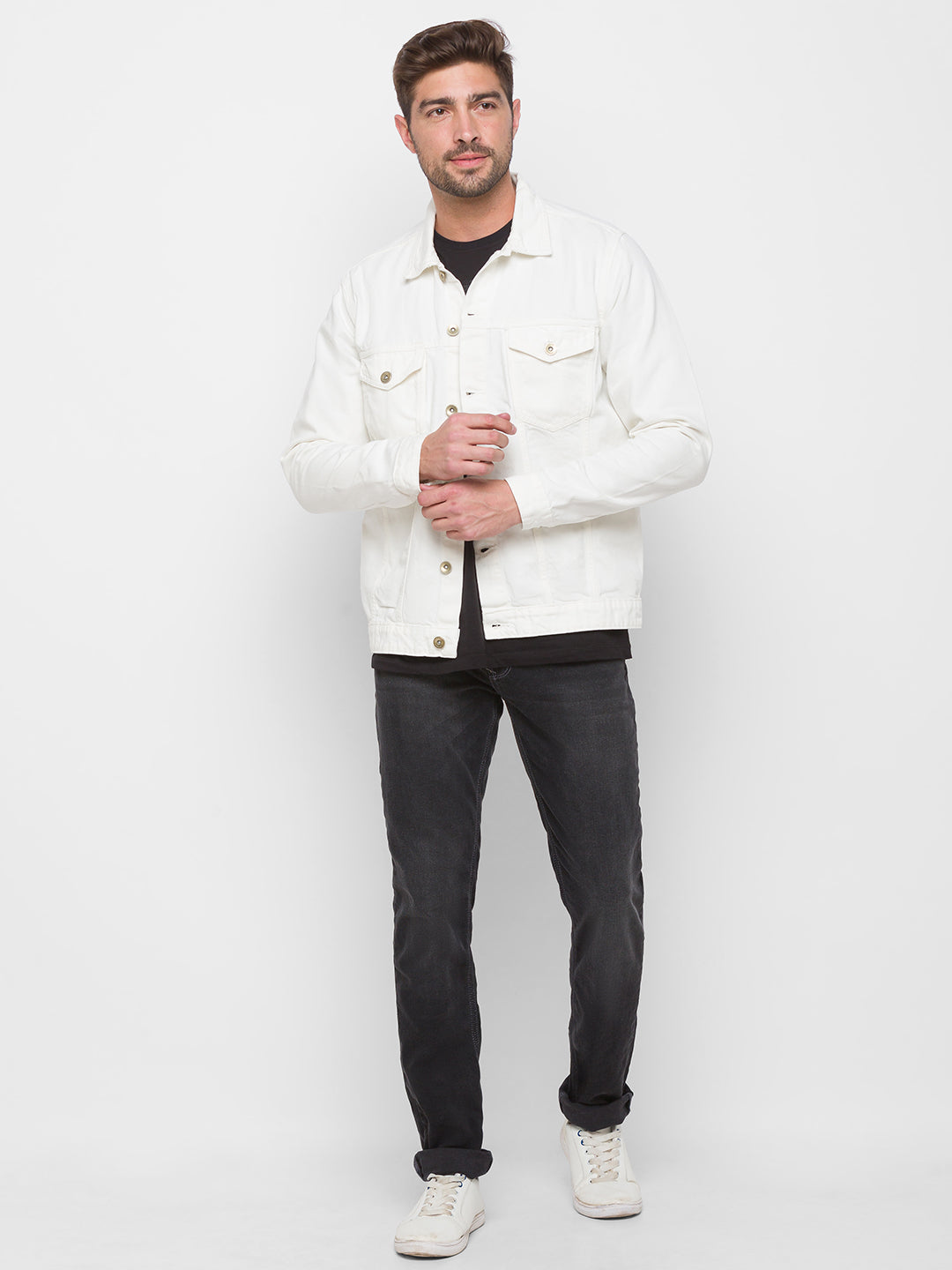 Spykar White Cotton Regular Fit Jacket For Men