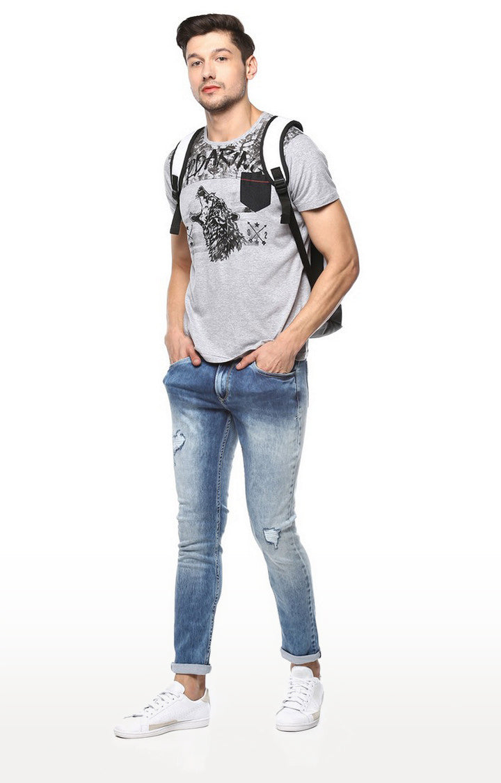 Spykar Grey Printed Slim Fit Men T-Shirts