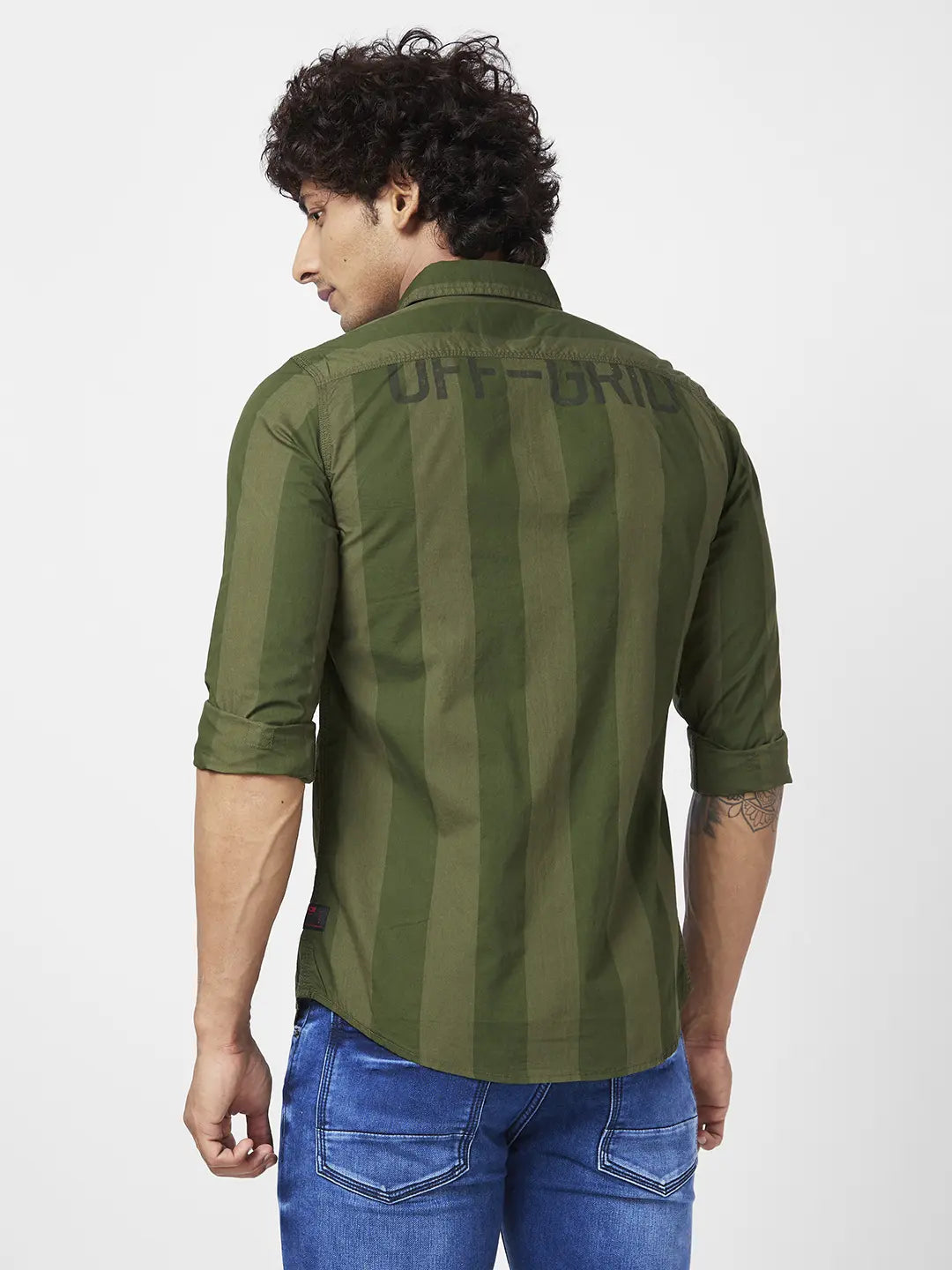 Buy Online Spykar Men Olive Green Cotton Regular Slim Fit Full