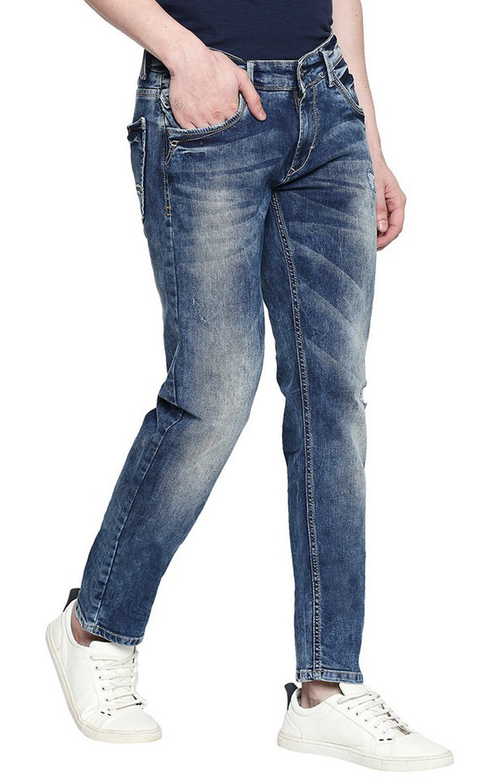 Spykar Blue Cotton Slim Fit Tapered Ankle Length Jeans For Men