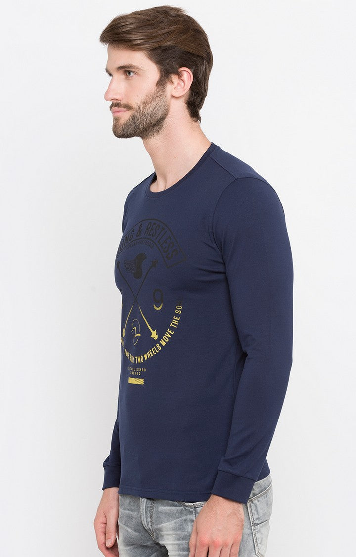 Spykar Blue Printed Slim Fit Men T-Shirts