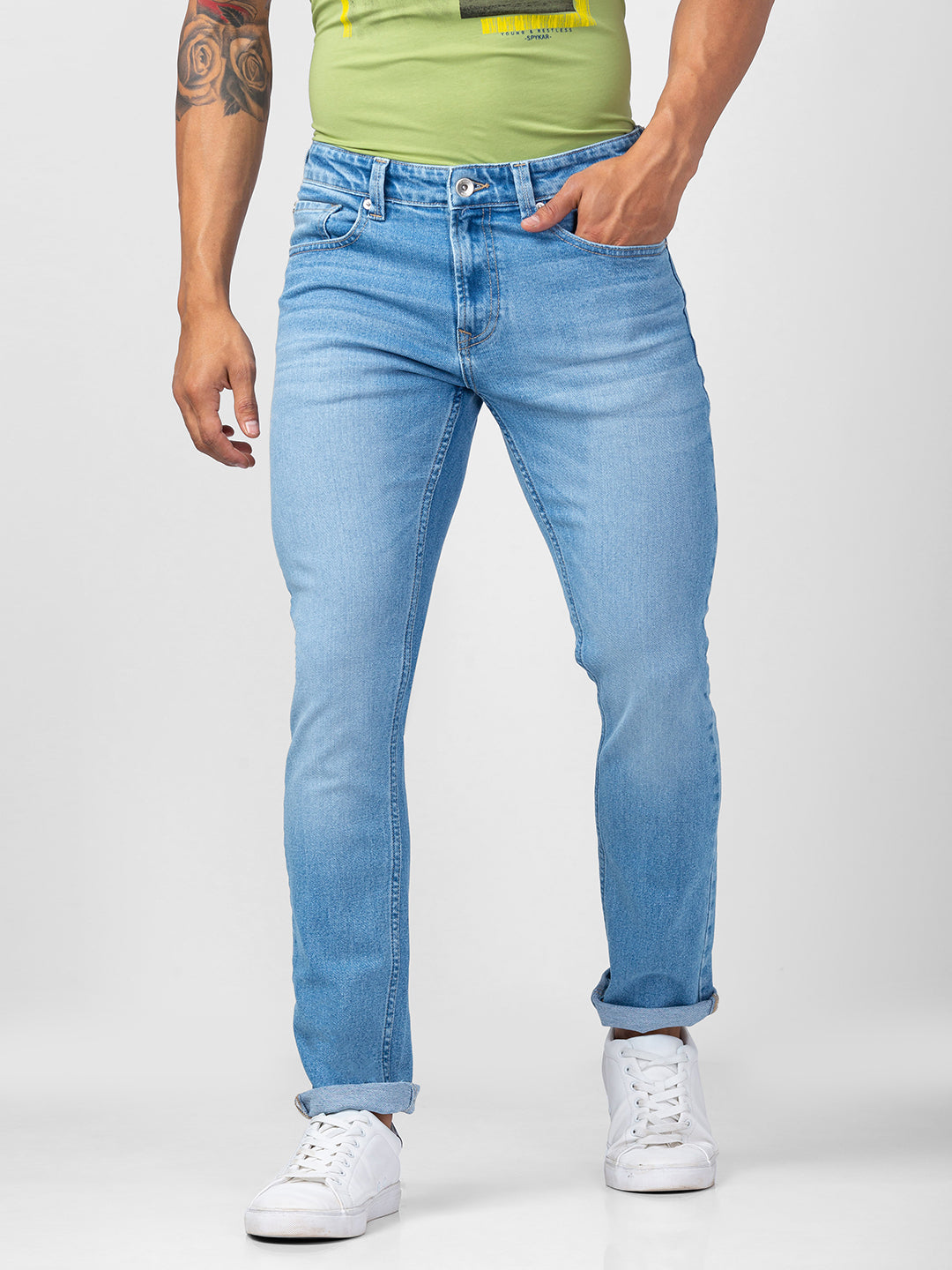 Spykar Men Light Blue Cotton Regular Fit Narrow Length Jeans (Rover)
