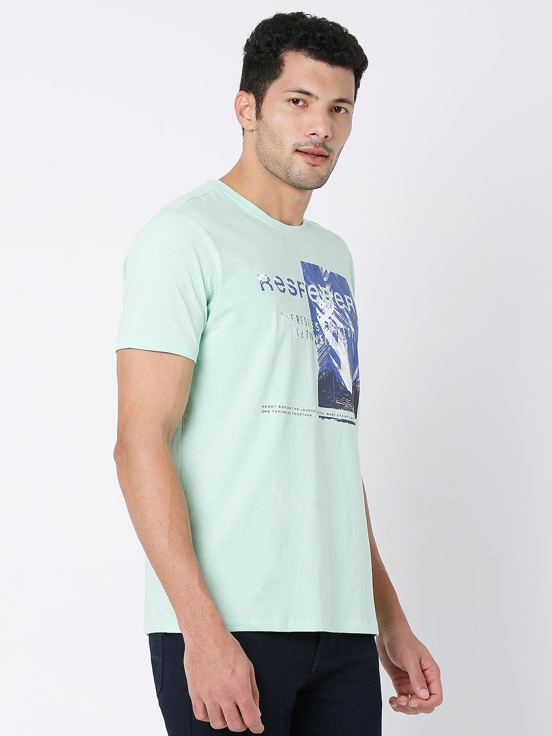 Spykar Ice Green Cotton Half Sleeve Printed Casual T-Shirt For Men