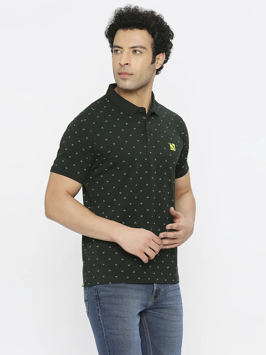 Spykar Men Bottle Green Blended Regular Fit Half Sleeve Printed Polo Tshirt