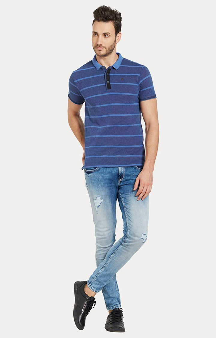 Spykar Blue Striped Slim Fit Polo T-Shirt