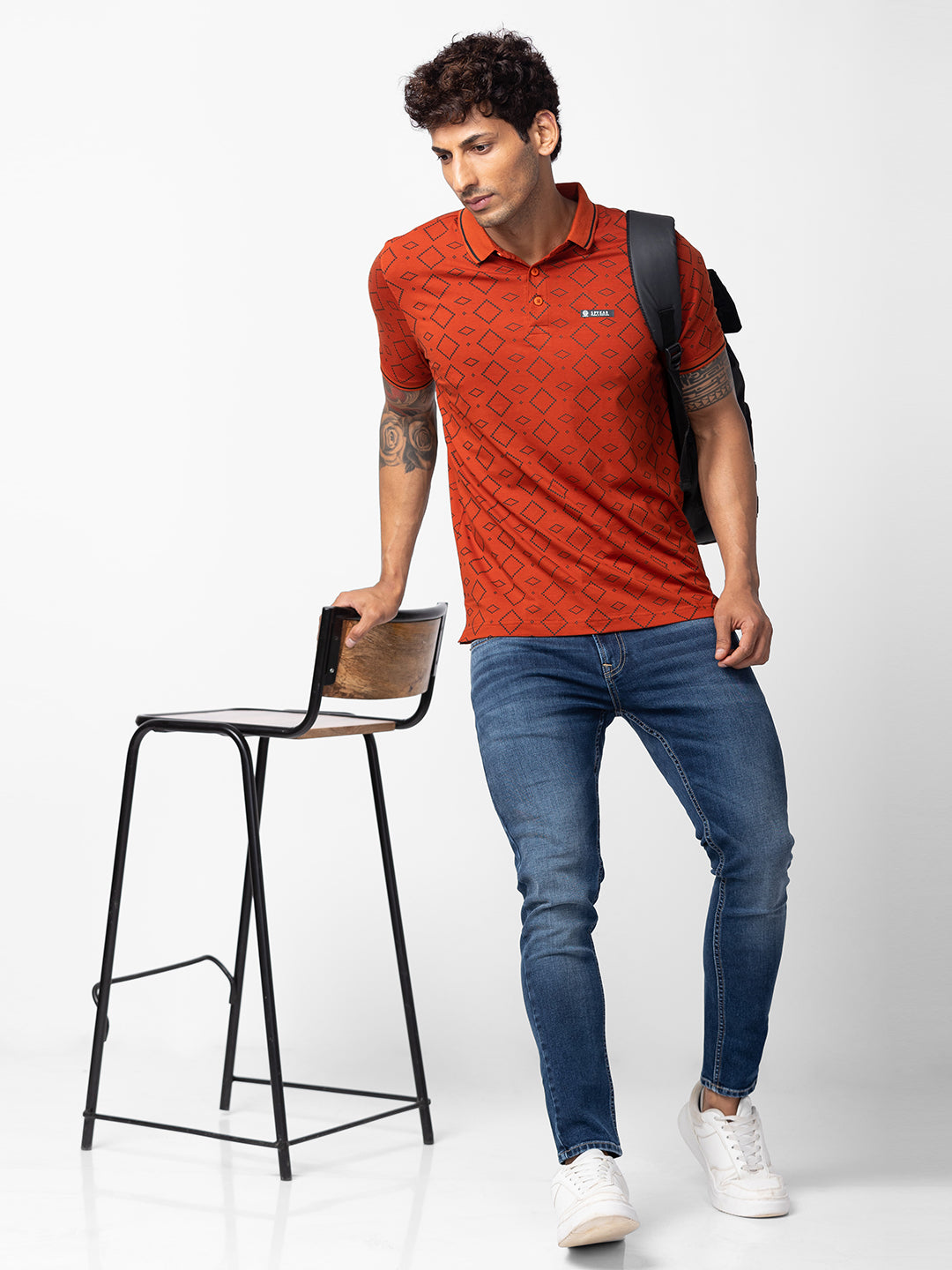 Spykar Men Burnt Orange Cotton Regular Fit Half Sleeve Printed Polo T-Shirt