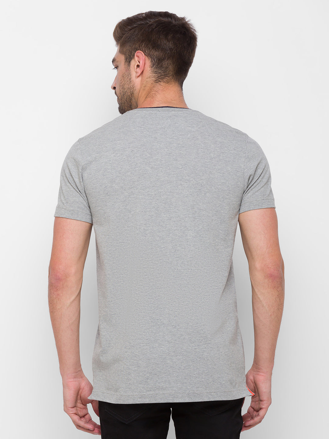 Spykar Men Grey Cotton Regular Round Neck T-Shirt