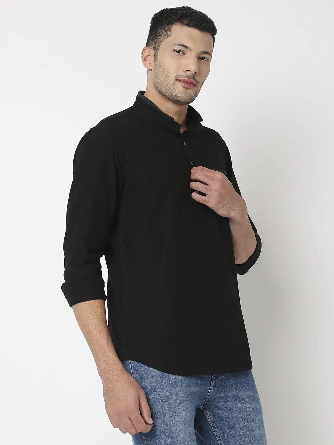 Spykar Men Black Cotton Linen Slim Fit M and arin Collar Plain Kurta