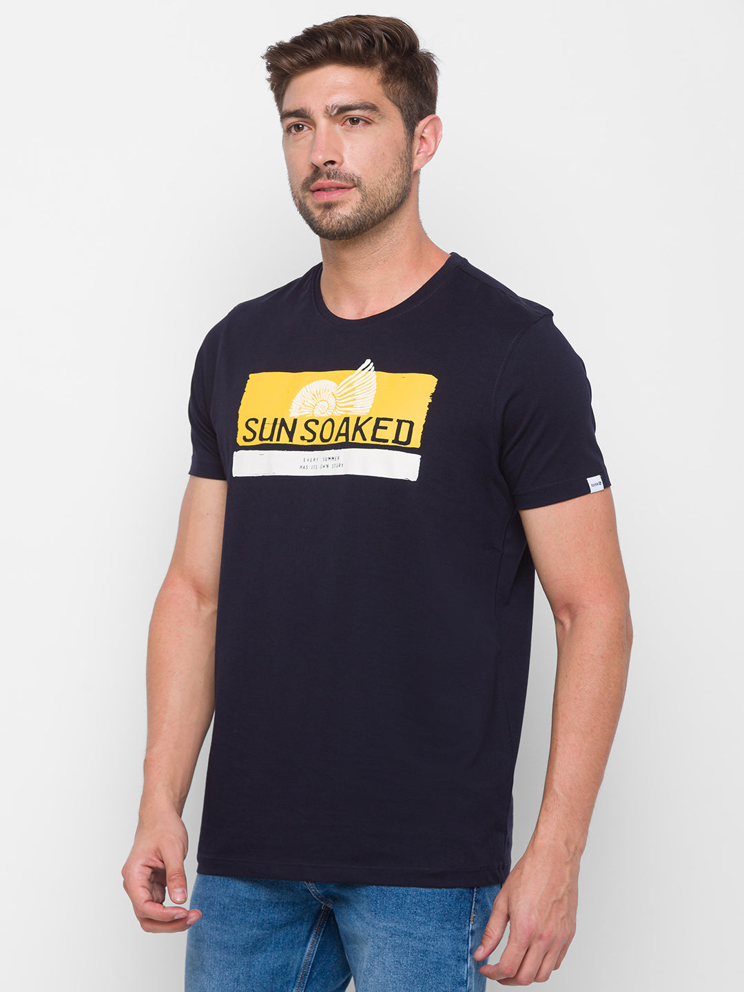 Spykar Men Navy Cotton Slim Fit Round Neck T-Shirt