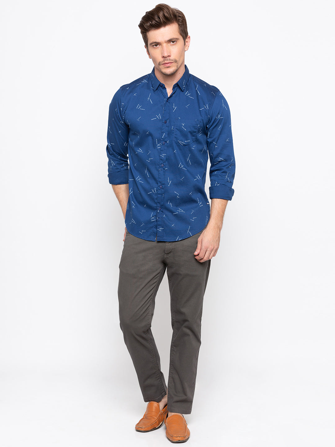 Spykar Men Blue Printed Slim Fit Casual Shirt