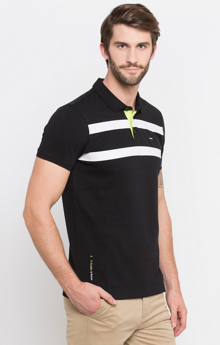 Spykar Black Solid Slim Fit Polo T-Shirt