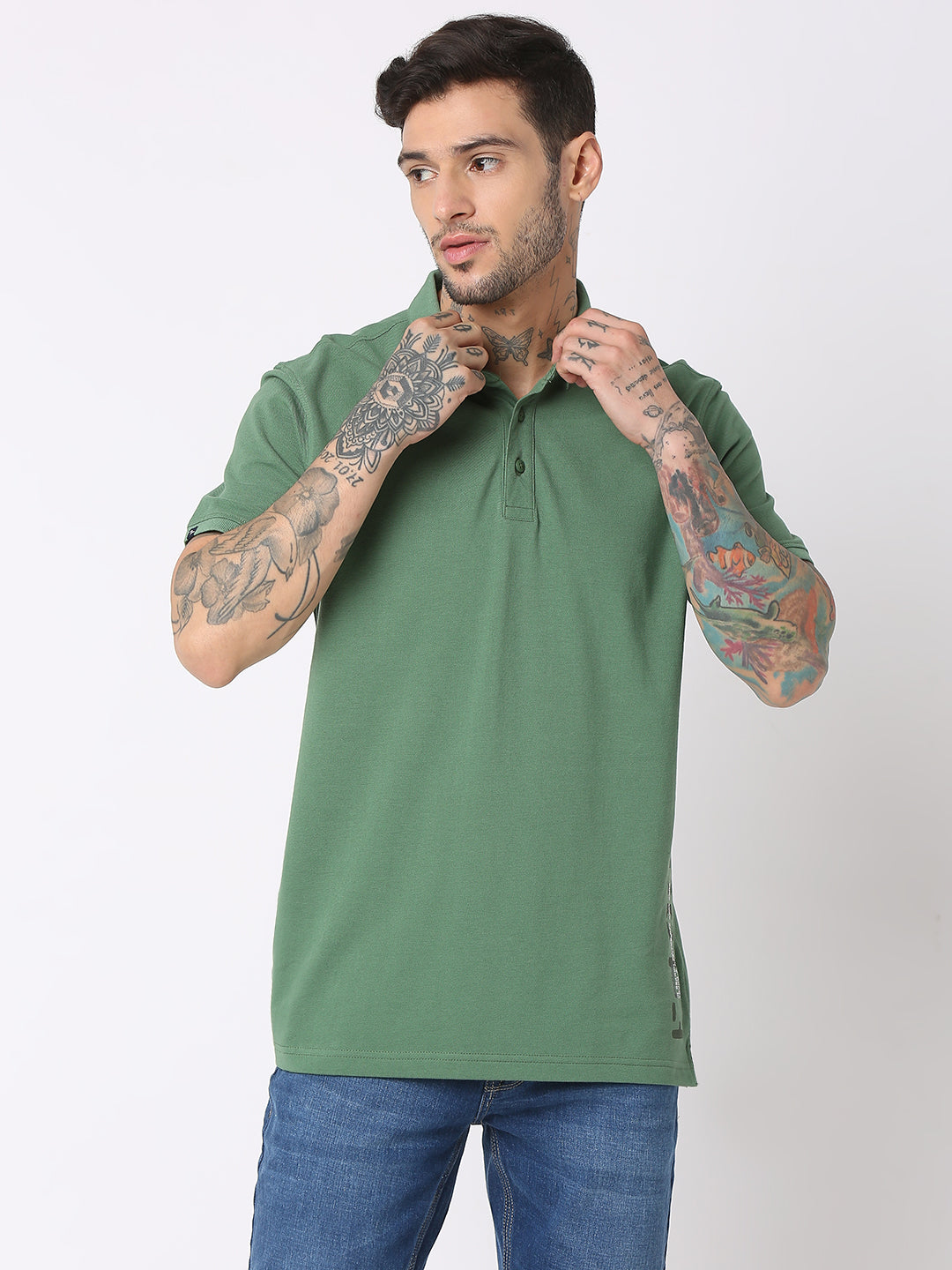 Spykar Men Dark Sage Green Cotton Regular Fit Polo Plain T-Shirt