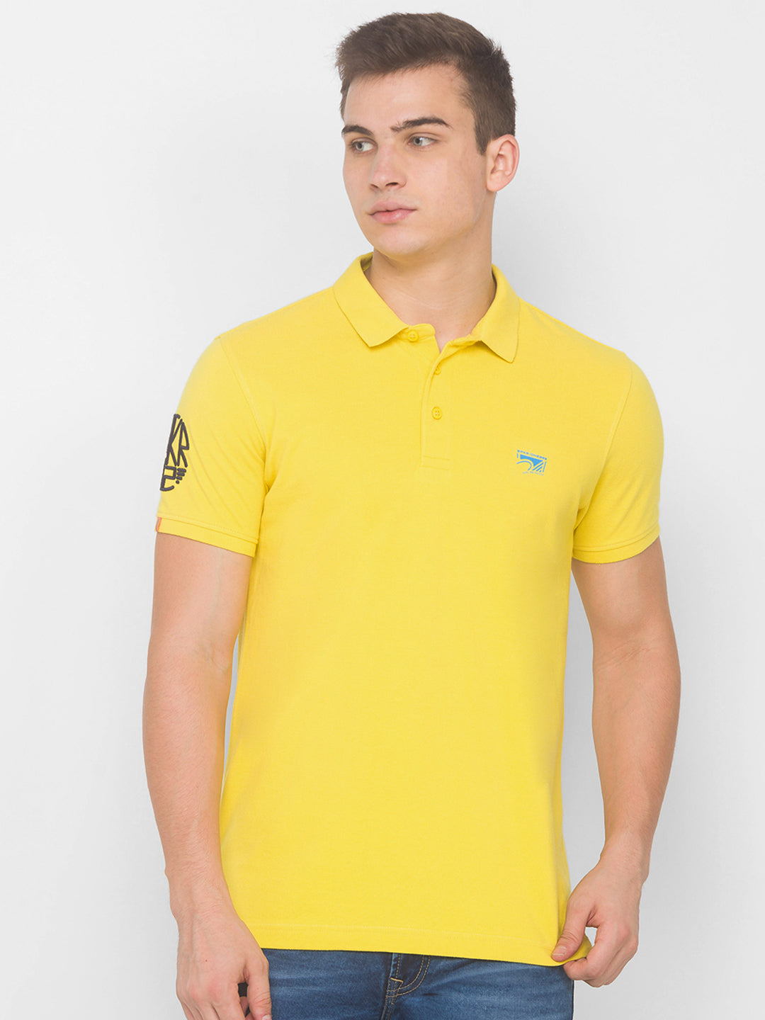 Spykar Men Yellow Cotton Slim Fit Polo T-Shirt