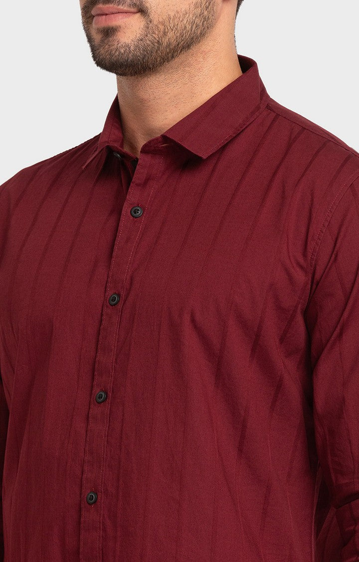 Spykar Maroon Cotton Full Sleeve Plain Shirt For Men