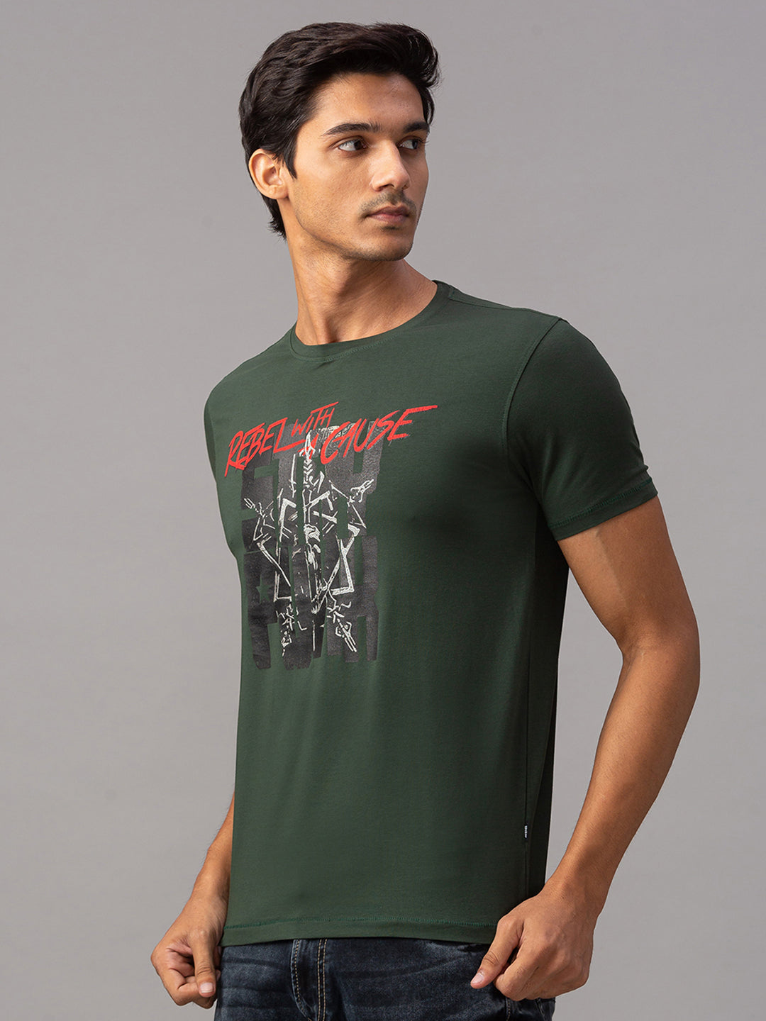 Spykar Men Green Cotton Slim Fit Round Neck T-Shirt