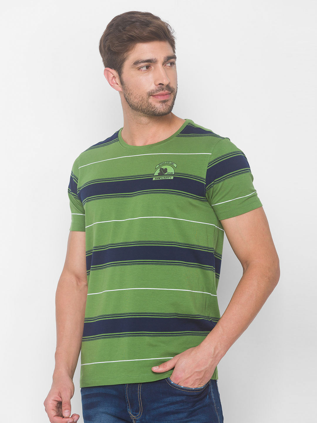 Spykar Men Green Cotton Blend Slim Fit Round Neck T-Shirt