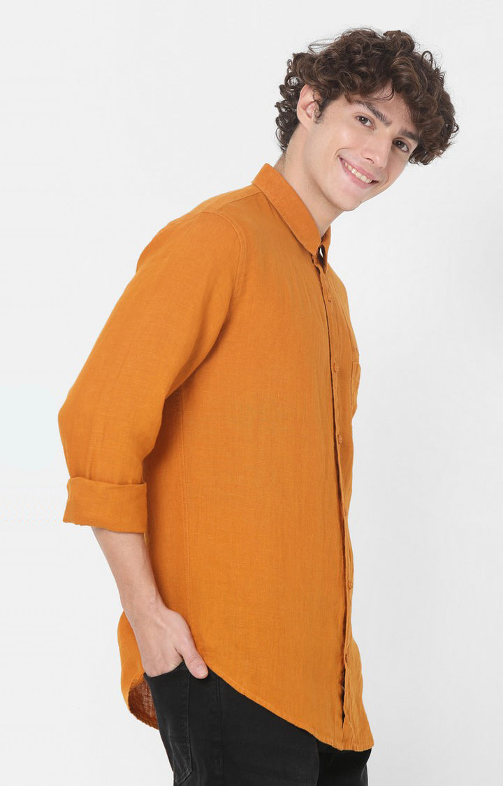 Spykar Slim Fit Orange Plain Full Sleeve Shirts For Men
