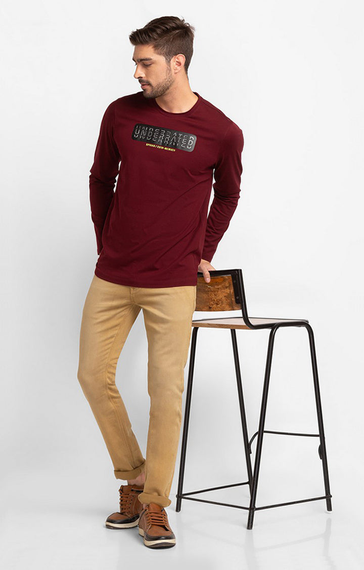 Spykar Wine Cotton Full Sleeve Printed Casual T-Shirt For Men