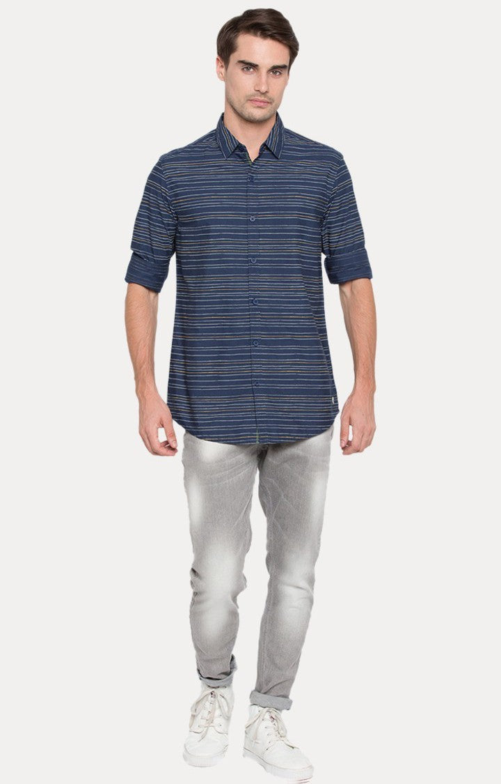 Spykar Men'S Blue Cotton Striped Casual Shirts