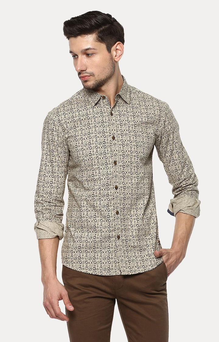 Spykar Men'S Beige Cotton Printed Casual Shirts