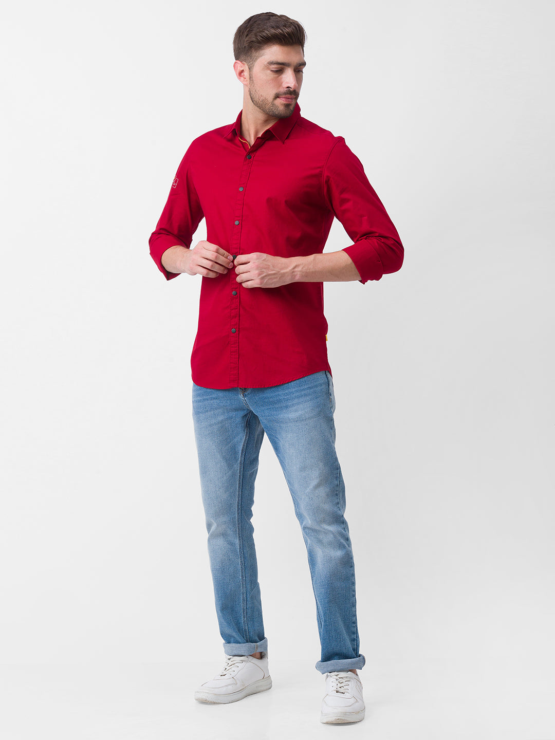 Spykar Deep Red Cotton Full Sleeve Plain Shirt For Men