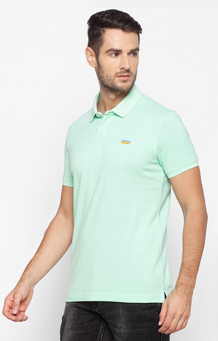 Spykar Green Cotton Slim Fit Polo T-Shirt For Men