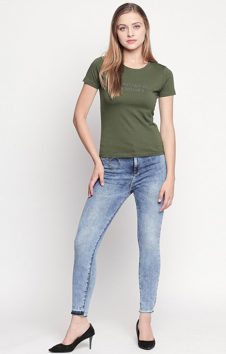 Spykar Olive Printed Slim Fit T-Shirt