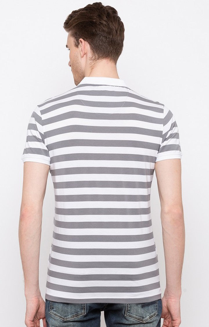 Spykar White and Grey Striped Slim Fit Polo T-Shirt