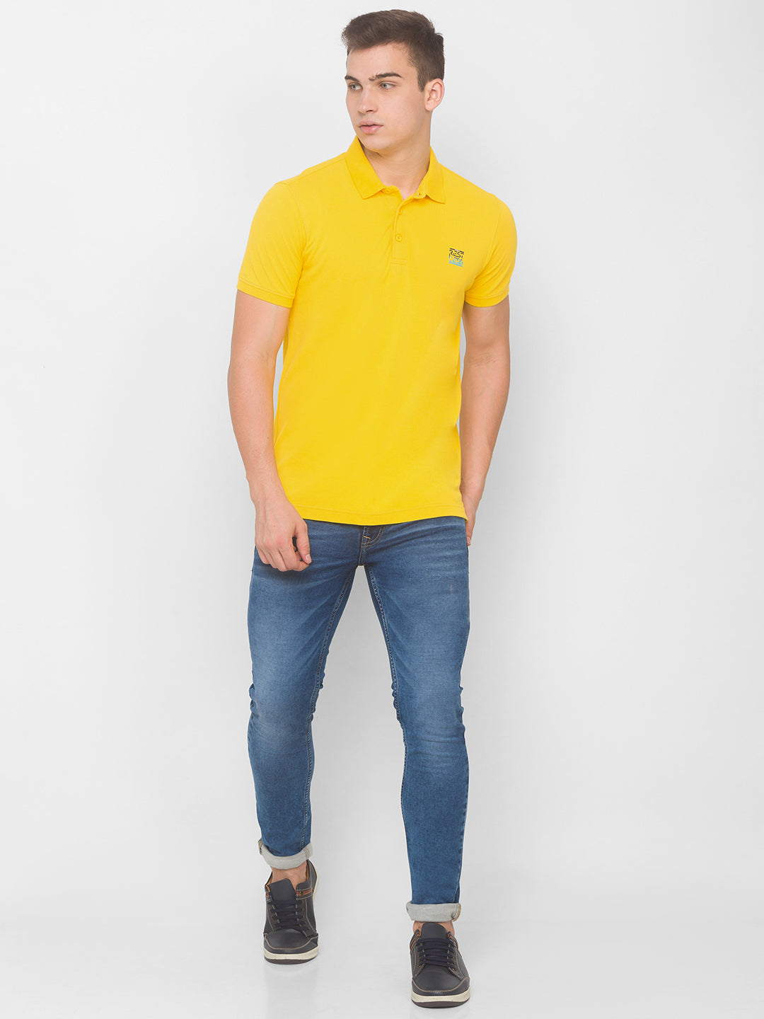 Spykar Men Yellow Cotton Slim Fit Polo T-Shirt